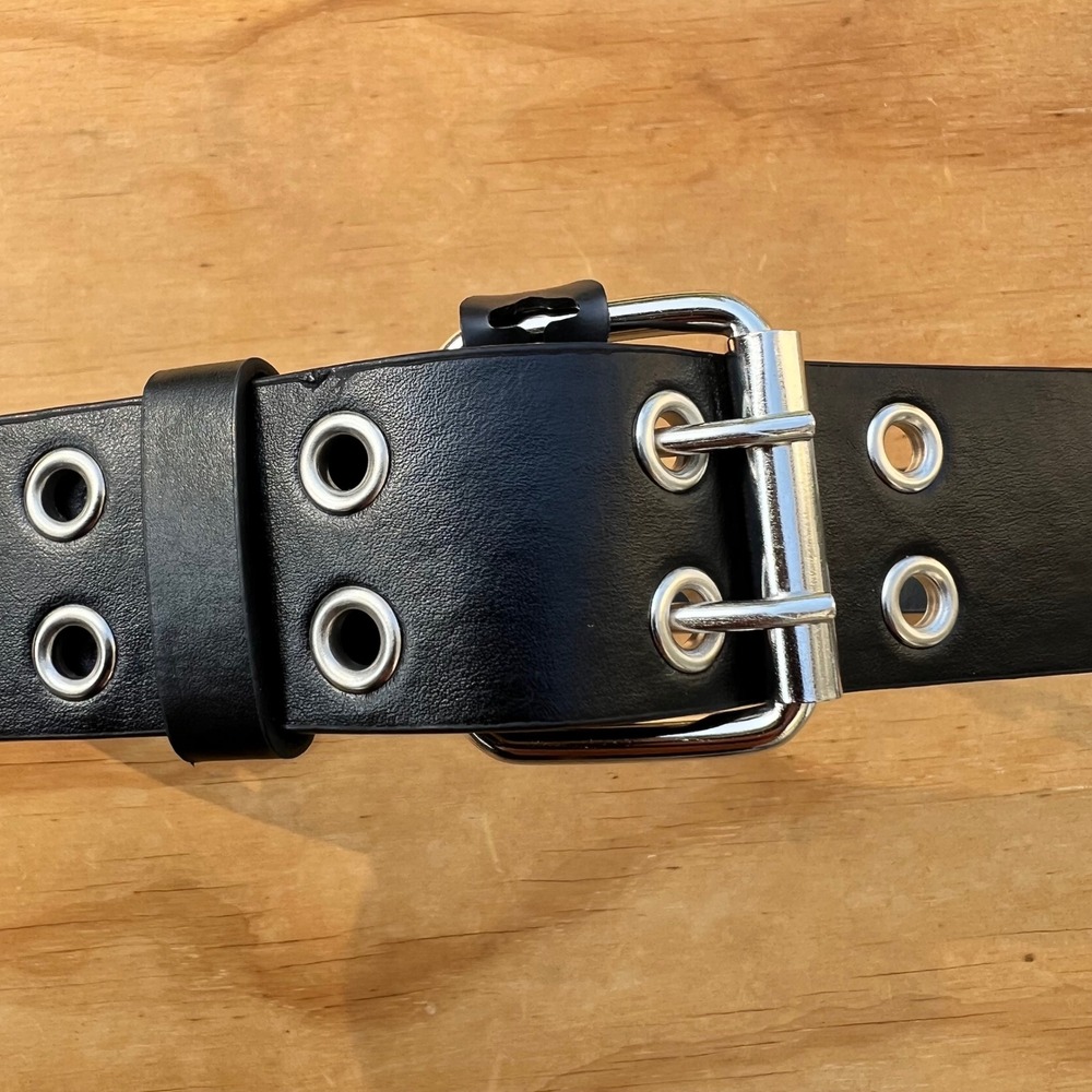 Black Genuine Leather Double Grommet Belt Silver Hardware Punk Emo Size S 30-32